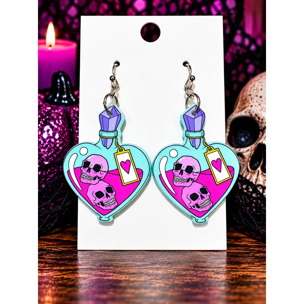Skull Love Potion Earrings Pink Heart Halloween Witchy Pastel Goth Dangles